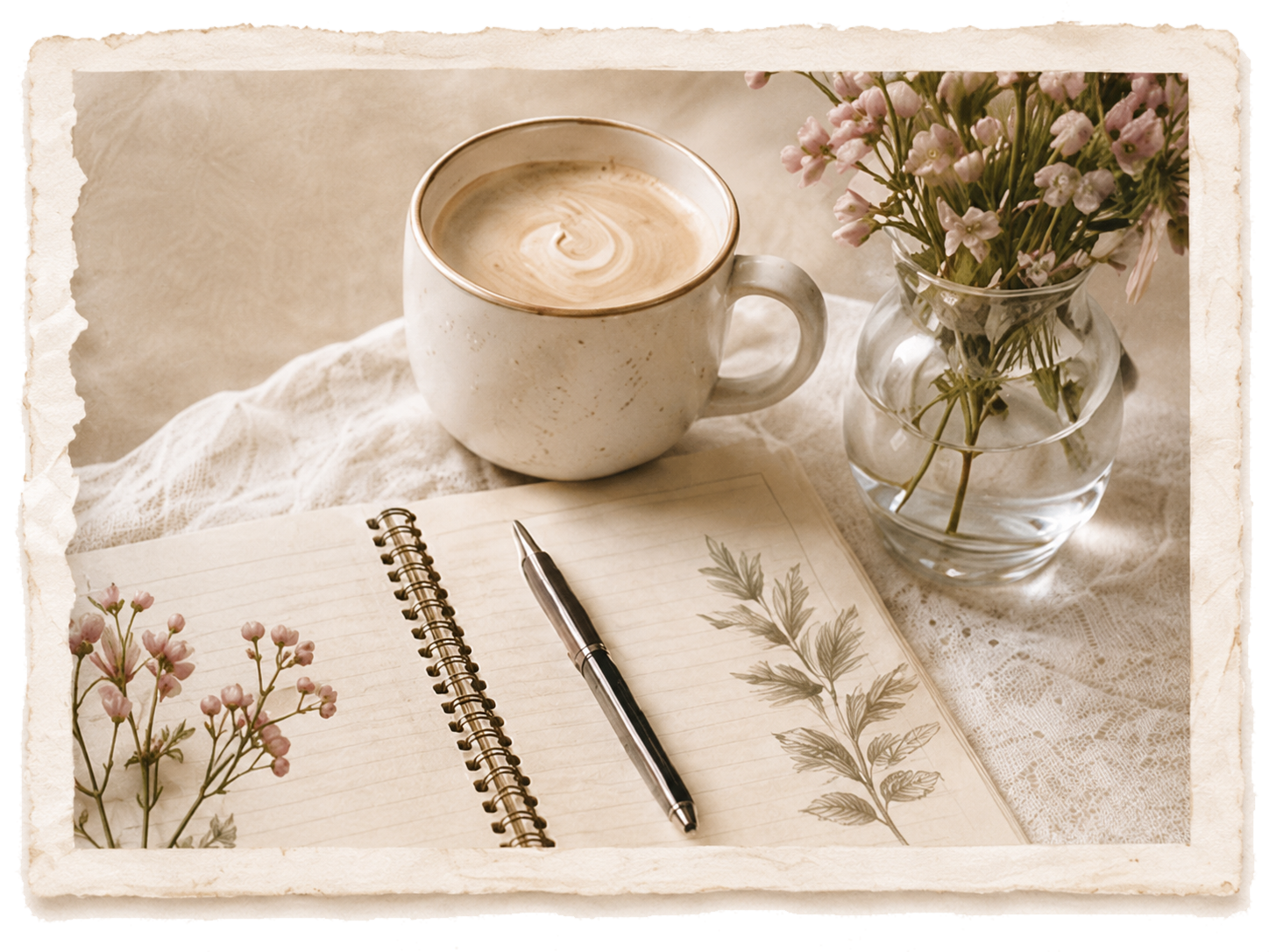 Coffee, journal, pen, and flowers
