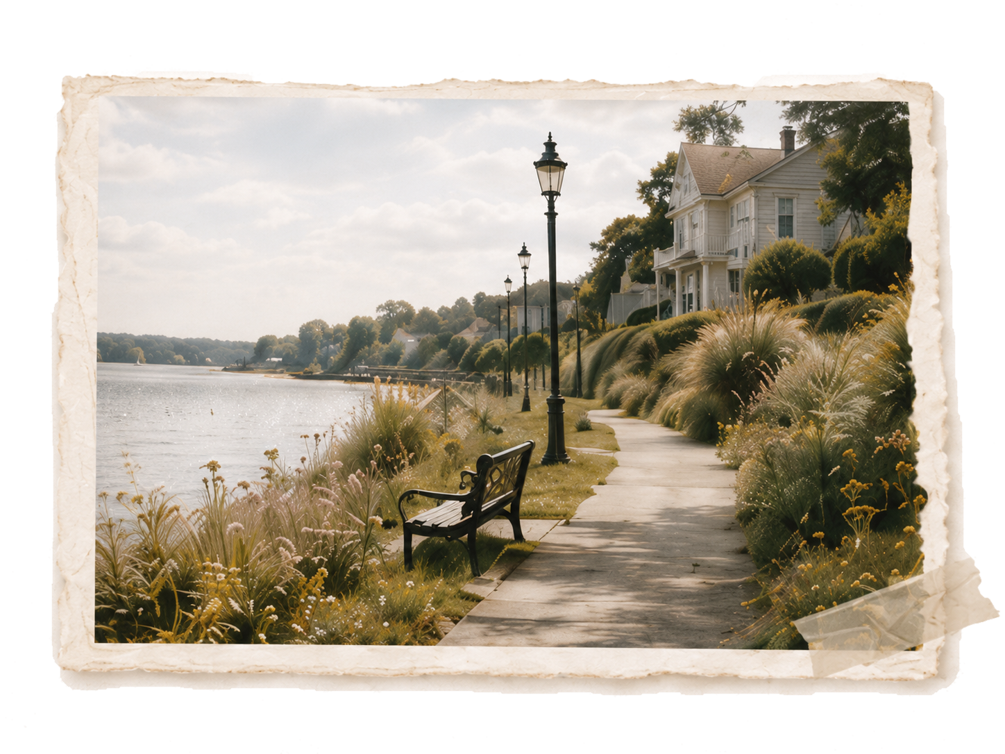 A peaceful waterfront promenade